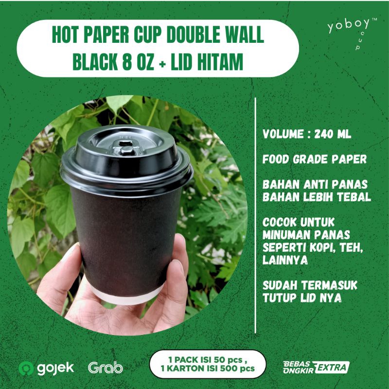 HOT PAPER CUP DOUBLE WALL 8 oz HITAM (LEBIH TEBAL) + TUTUP BISA PILIH WARNA (1 PACK ISI 50 PCS)