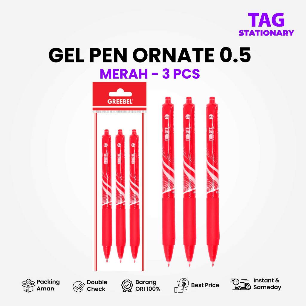 

GREEBEL PULPEN GEL / Gel Pen Ornate GP-505 0.5 Merah 3 PCS/SET / Ballpen Gel Bolpen Bolpoin Cetek