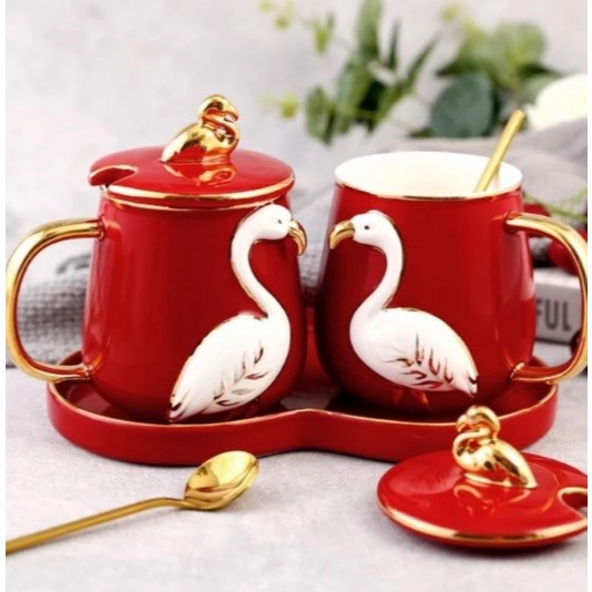 HAMPERS Gift Set Cangkir Gelas Couple Flamingo Emas Merah / Hijau Marmer Keramik Parsel Lebaran Kado