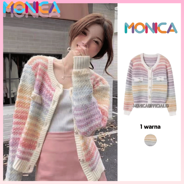 QH Monica Rajut Premium Atasan Cardigan Rajut Wanita Sweater Rainbow Pelangi Leher Bulat Korea