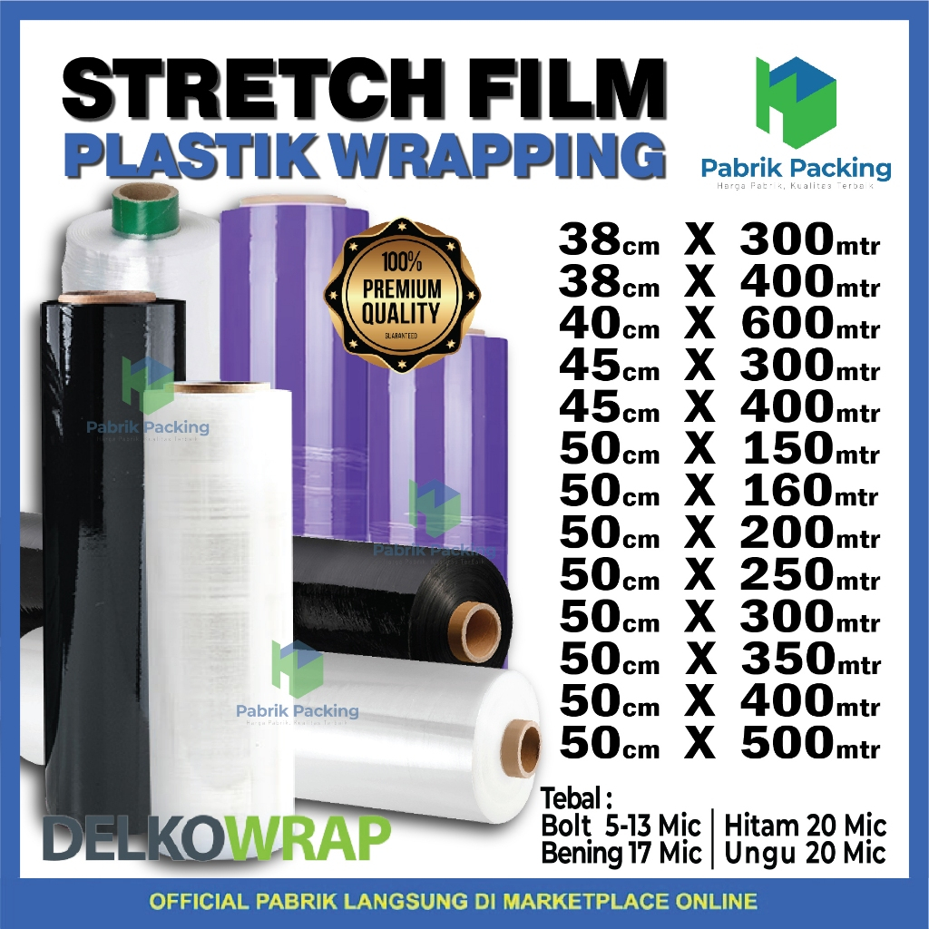 

STRETCH FILM PLASTIK WRAPPING DELKOWRAP / WRAPPING BARANG ANEKA VARIASI PREMIUM MURAH SATUAN