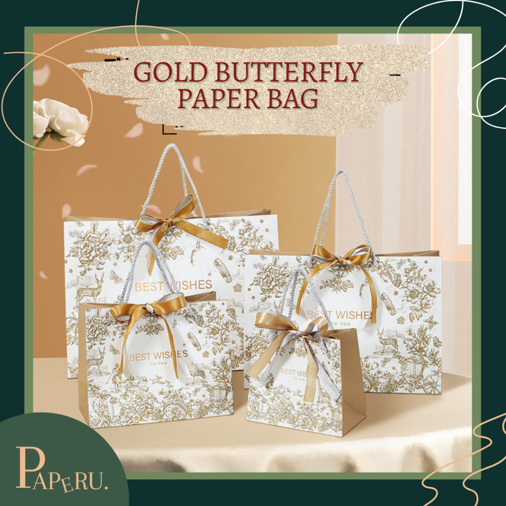 

[PAPERU] Gold Butterfly Premium Paper Bag Premium Luxury Look Goodie Bag Motif Bunga Kantong