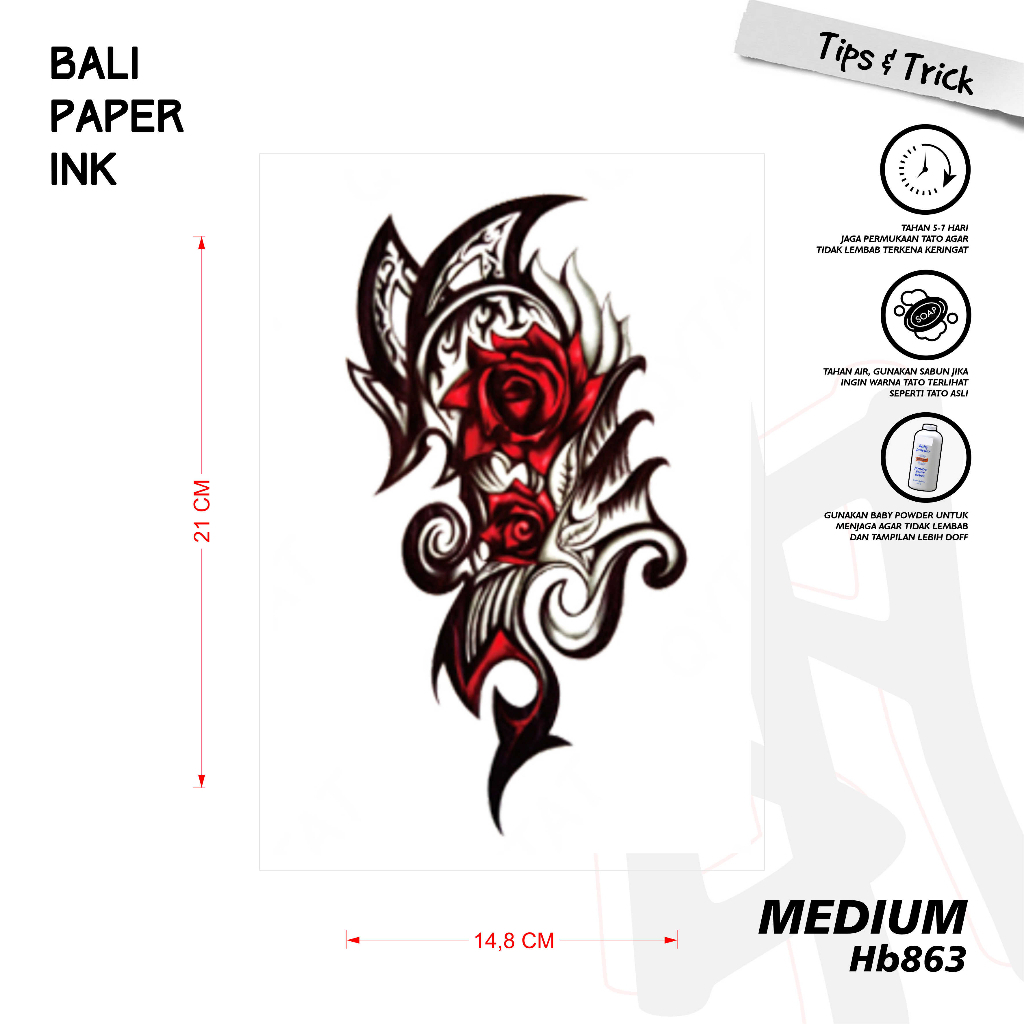 Bali Paper Ink HB863 Mawar Maori Tattoo Temporary Basic Tato Temporer Half Arm - Tato Lengan