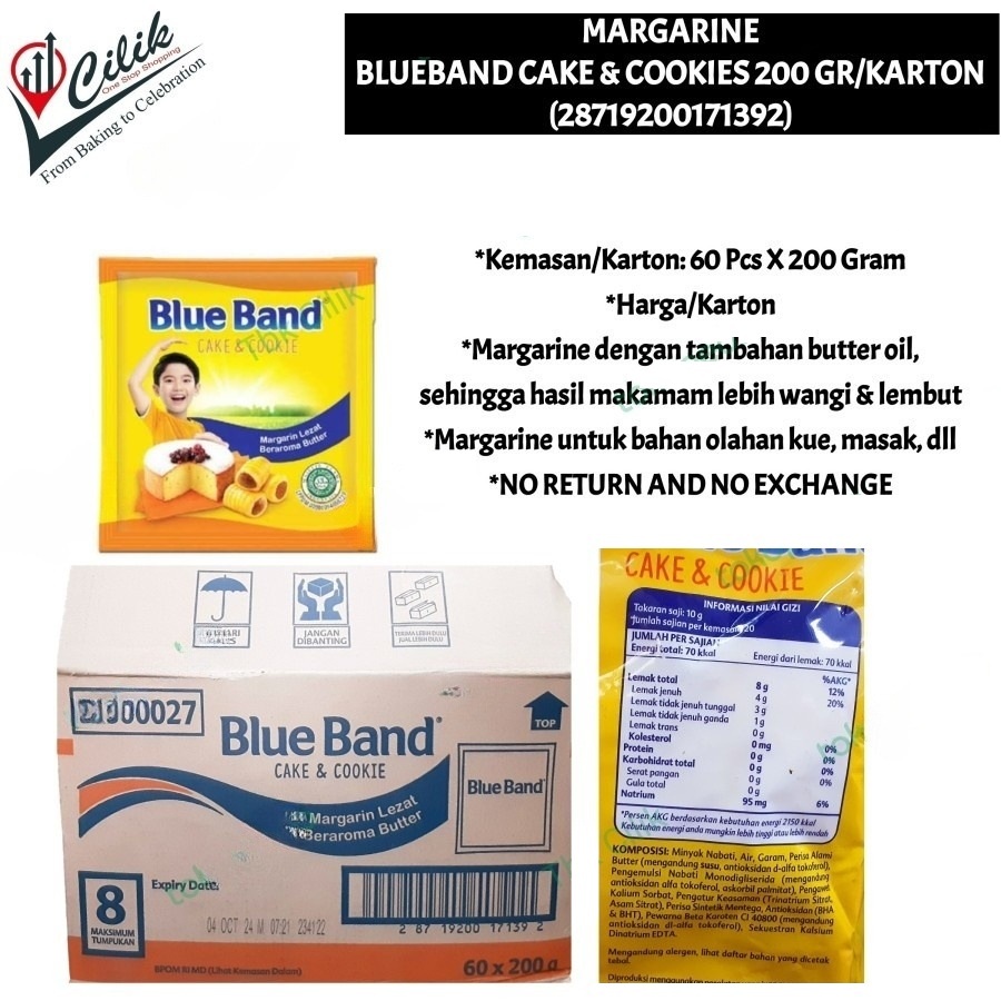 

margarine+blueband+cake & cookies+serbaguna+royal palmia+200gram+sachet+karton+bahan+kue+masak+bolu+martabak