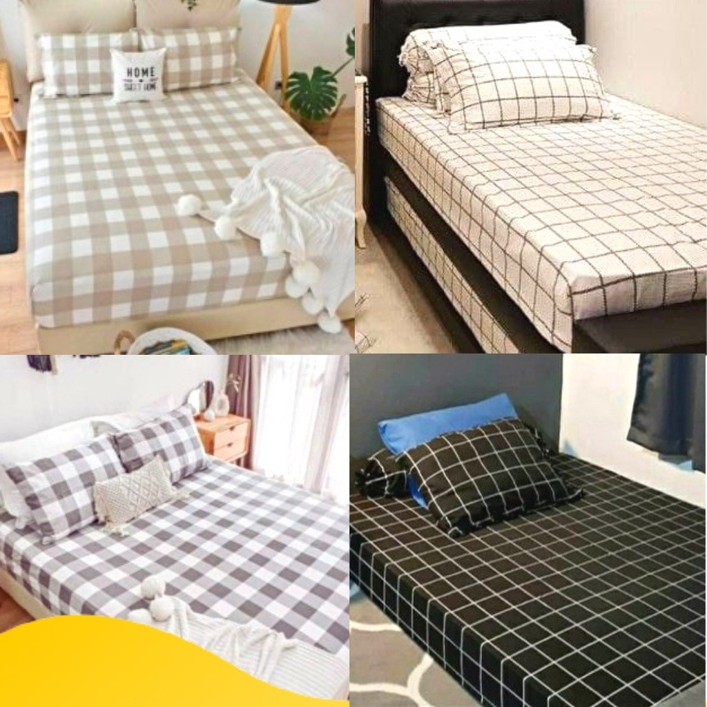 Sprei One Set premium disperse motif Aesthetic Kotak Biru /Merah /Hitam /Putih /Abu-abu /Sprei Premi