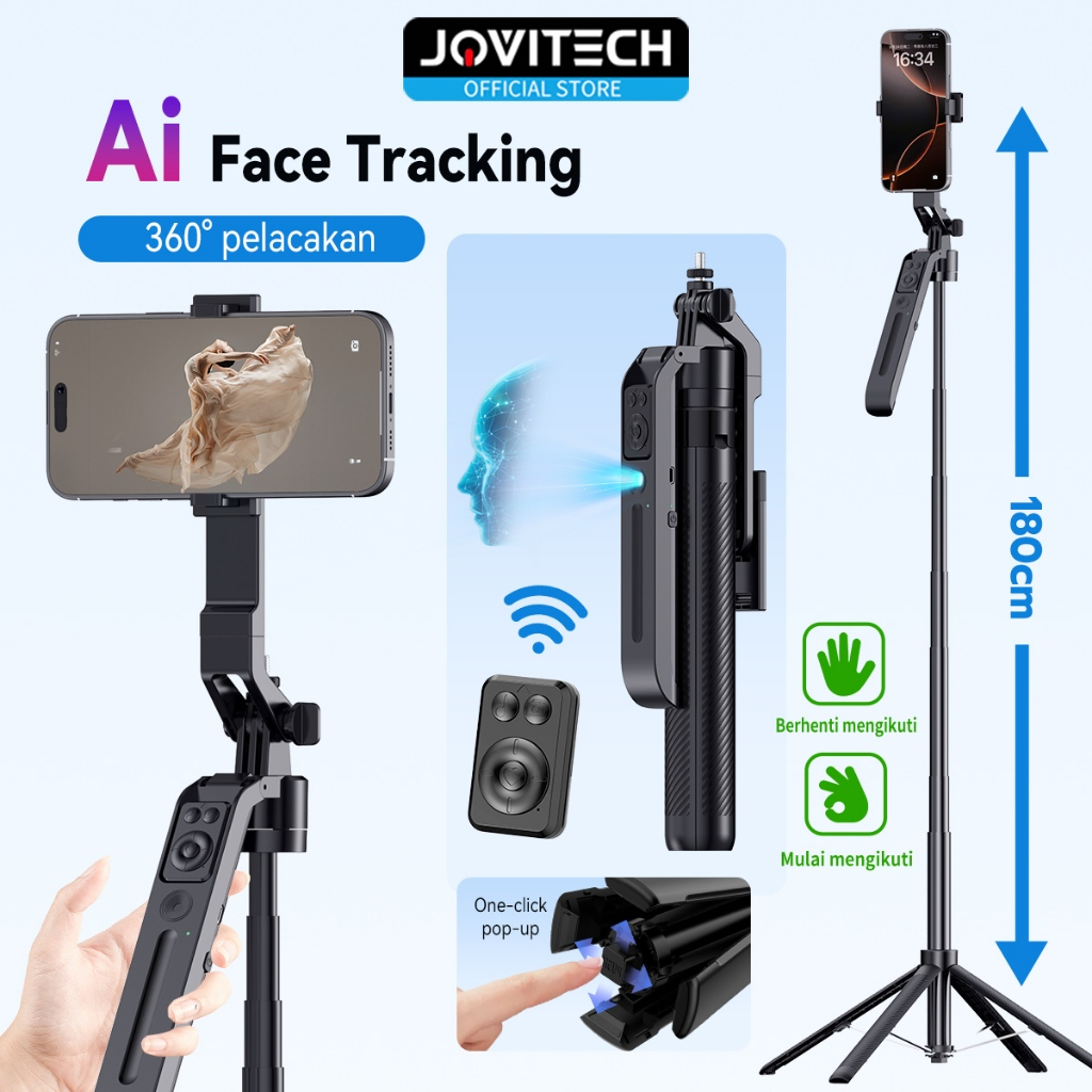 Jovitech GS12 Smart Ai Gimbal Tripod Auto Face Tracking Tongsis Tripod Selfie Stick 180CM Handphone 