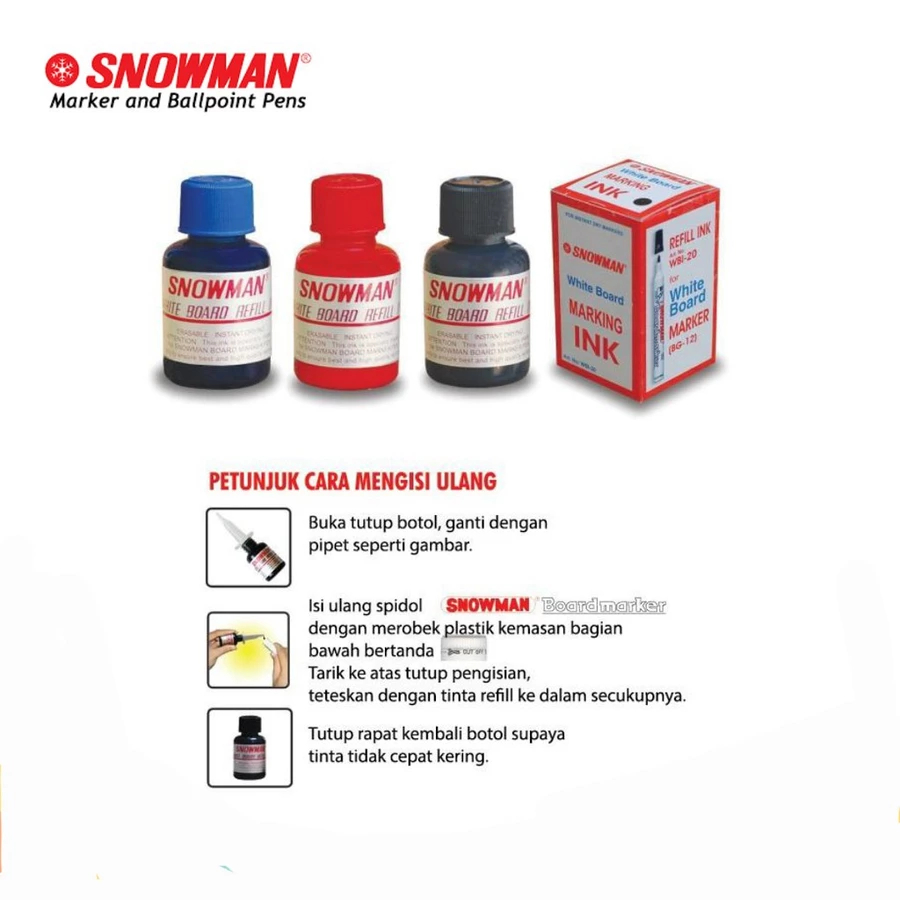 

[ 1 PCS ] TINTA REFILL ISI ULANG SPIDOL SNOWMAN WHITEBOARD / PAPAN TULIS (WBI-20)