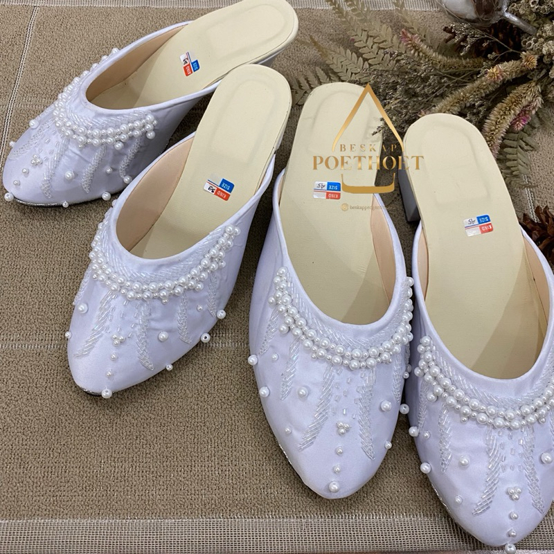 selop sandal sepatu pengantin hak wanita pria Payet putih / selop manten akad nikah ijab putih