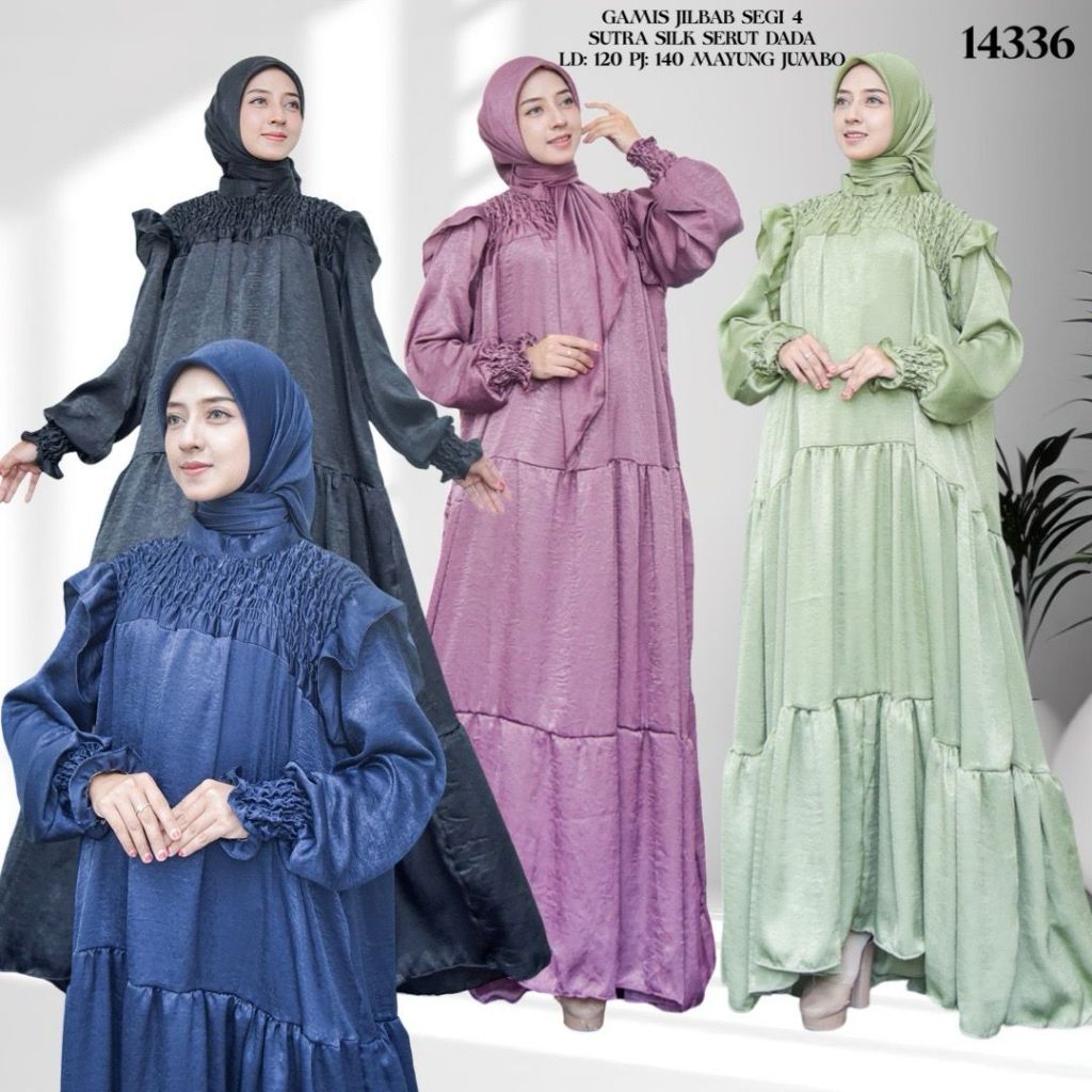 KD 14336 (isi 2) ASYA Jumbo Gamis Sutra Silk Serut Dada Jilbab Segi Empat Lebar Mayung Syari Hijab P