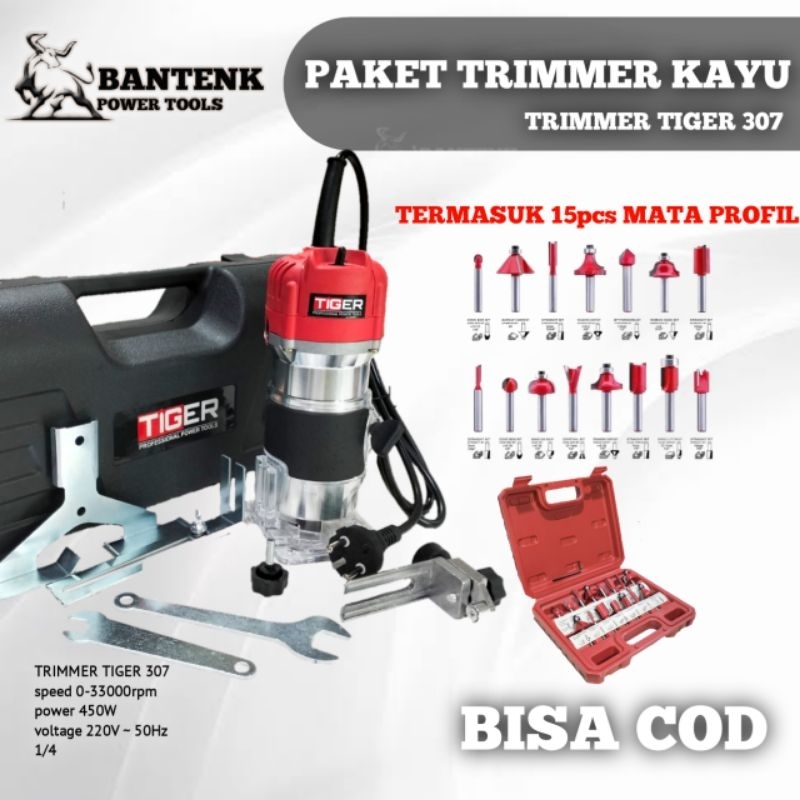 PAKET MESIN TRIMMER TIGER LENGKAP 15PCS MATA PROFIL KAYU. TRIMER 307 TIGER + MATA PROFIL KAYU. MESIN