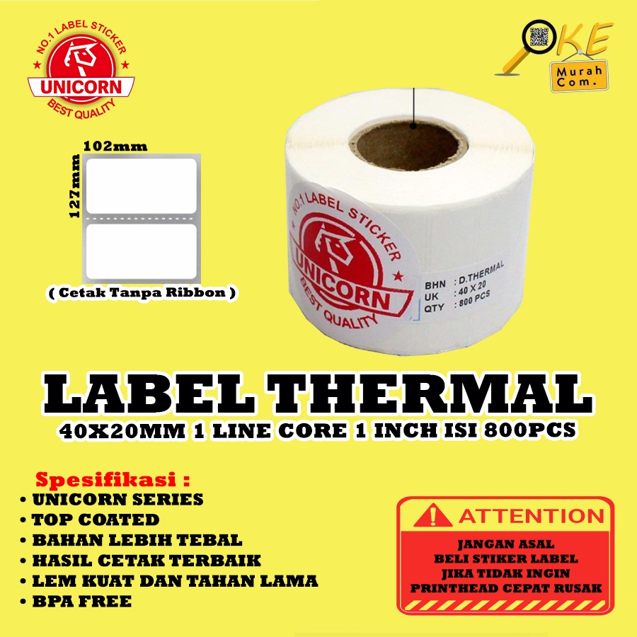 

Stiker Label Barcode Thermal 40x20mm / 40x20 mm / 40 x 20 mm 1 Line Core 1" Isi 800pcs