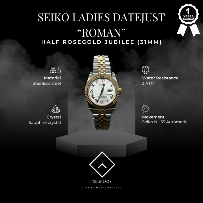Jam Tangan Seiko Mod Datejust Ladies Women Seikolex Roman Rosegold Jubilee NH03 Automatic Watch Wani