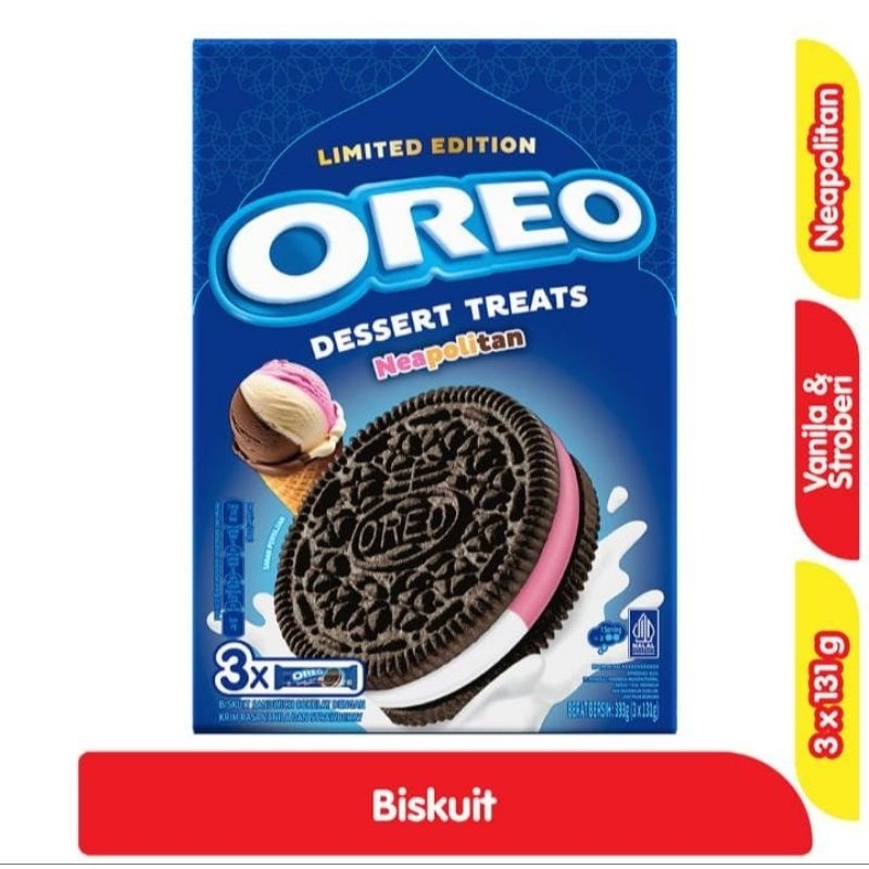 

oreo neapolitan dessert treat biskuit krim vanila strobery 393gr