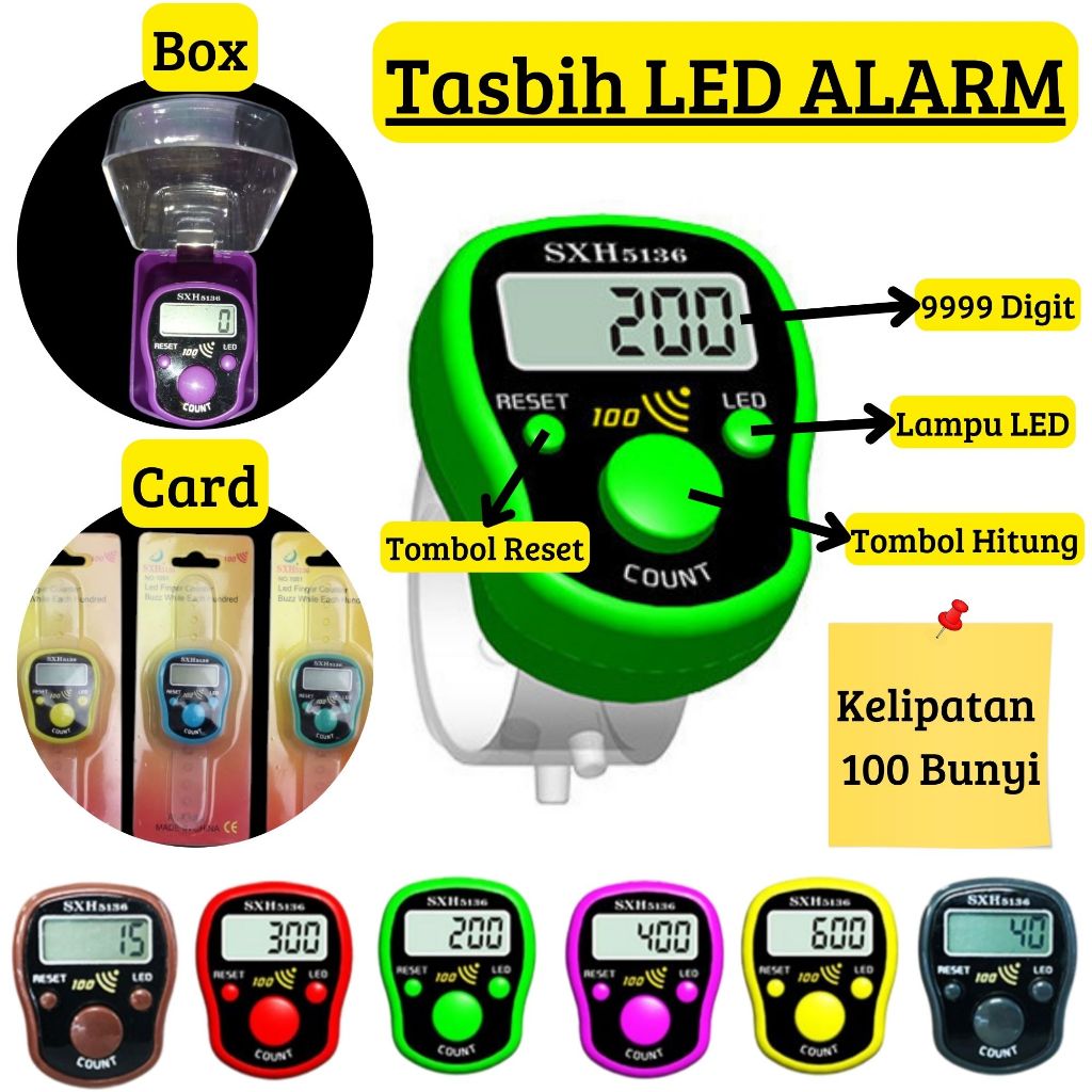 Tasbih Alarm LED SHX5136 Digital Finger Counter LED Alarm 100 Akan Bunyi 3 Tombol