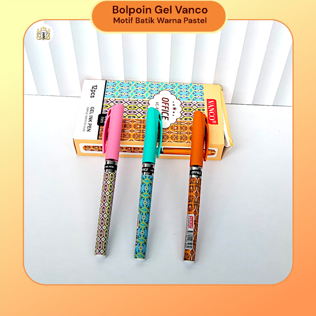 

[1 Pack Isi 12 ] Bolpoin Gel Vanco 0,5 mm Warna Hitam Motif Batik Pastel untuk Sekolah/Kantor/Serbaguna