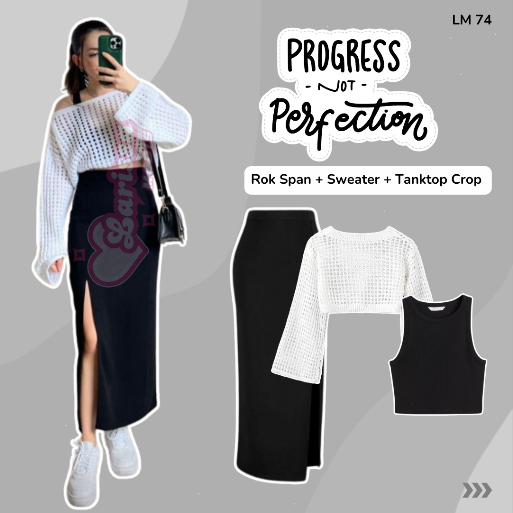 One Set Wanita  Sweater Rajut  Lengan Panjang Tanktop Crop Rok Span OOTD Korea Style WREN LM74