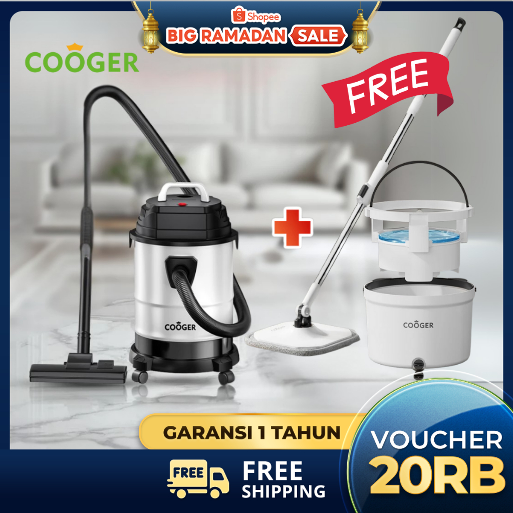 [SPECIAL BUNDLE RAMADHAN] COOGER Vacuum Wet And Dry Pro 18L Metal 14IN1 dan Pel Lantai Panda 2IN1 Em