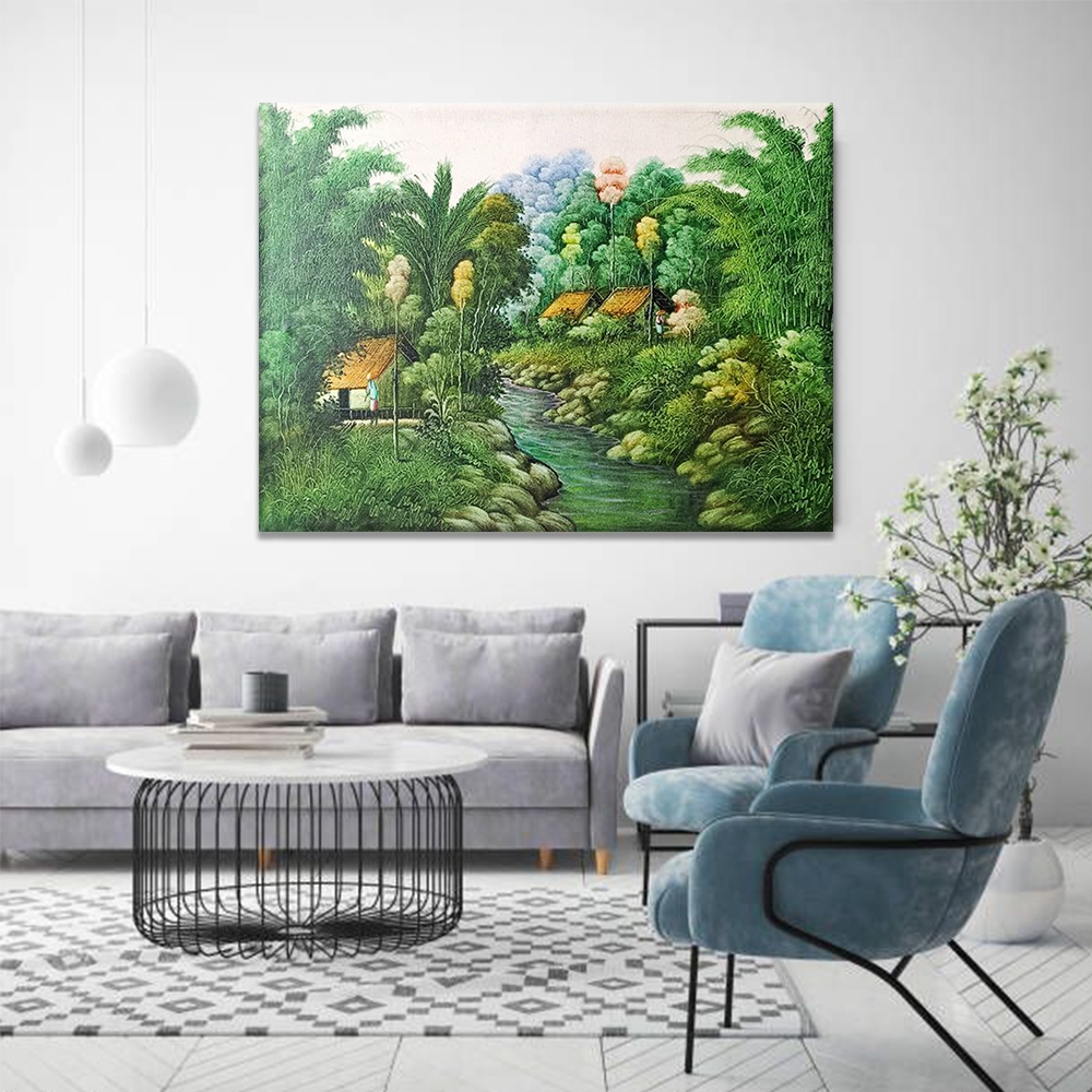 Lukisan Pemandangan Kampung 60x80 Hiasan Dinding Canvas