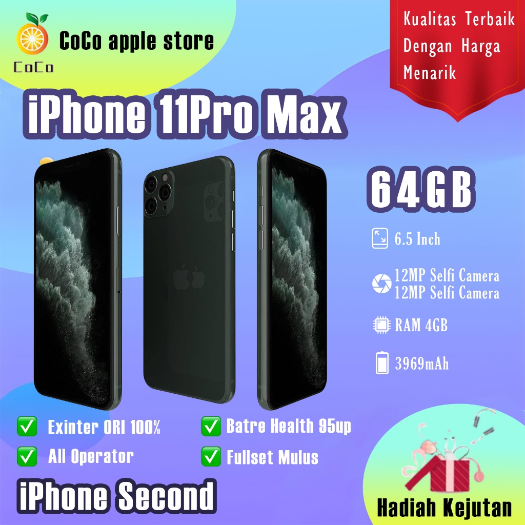 iPhone 11Pro Max 64GB Second Original100% INTER 6.5" OLED-Ori Fullset Mulus Normal LikeNew HandPhone