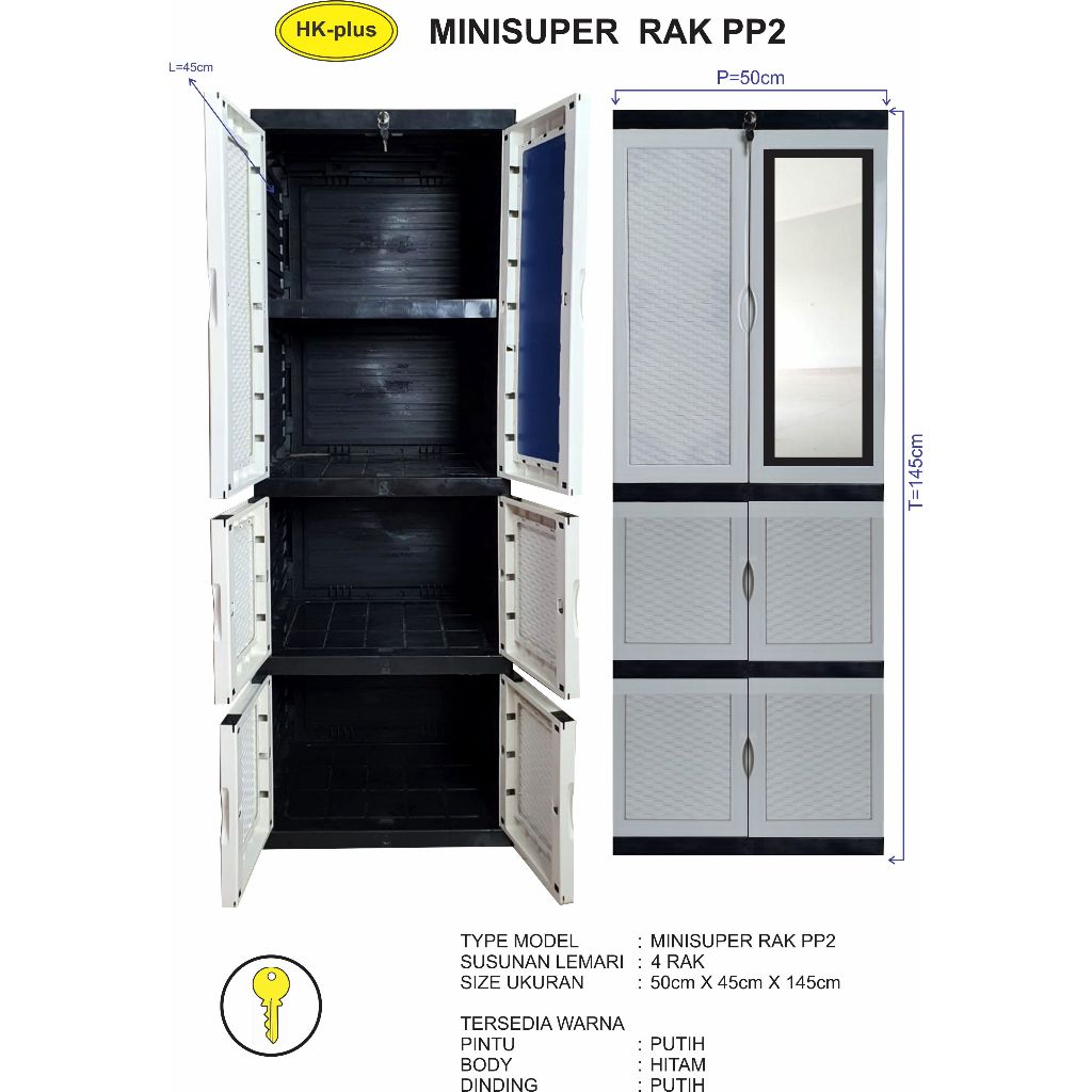 [READYYY] HK PLUS (Kaca + Kunci) - Lemari Pakaian Mini Full Rak / Rak Baju Minimalis / Lemari