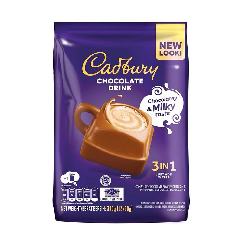 

cadbury chocolate & milky drink 3in1 isi 13 sachets 390gram / cadbury chocolate & milky drink 3in1 isi 5x30g 150gr