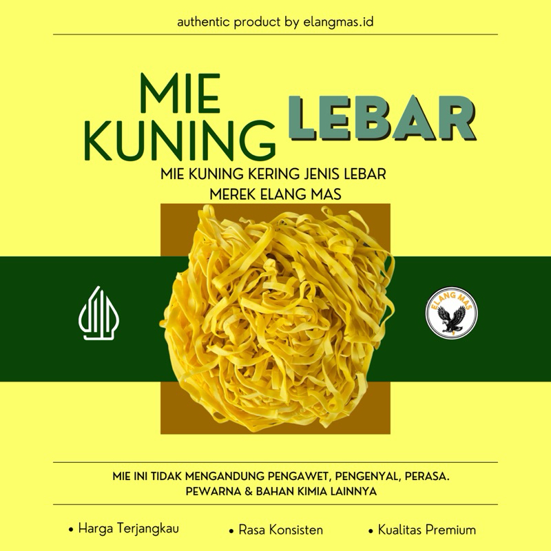 

Mie Kuning Kering 1/2KG Tipe LEBAR merek ELANG mas