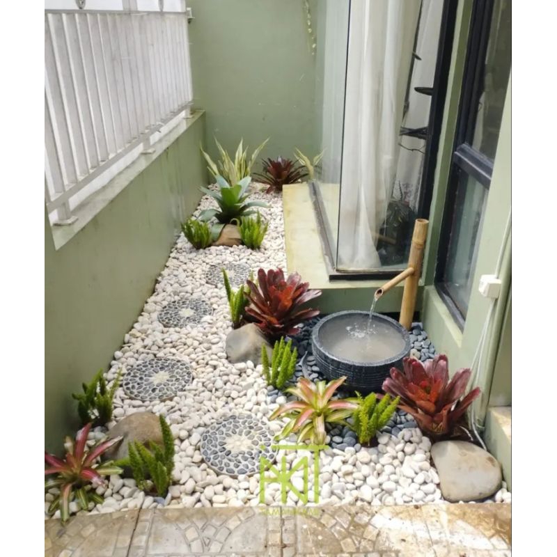 pembuatan taman kering taman minimalis+air mancur minimalis