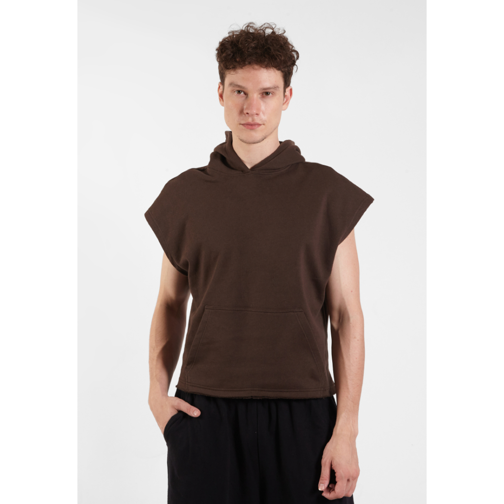 OCWA X VEDECI CONNOR BOXY CROP SLEEVELESS HOODIE DARK BROWN