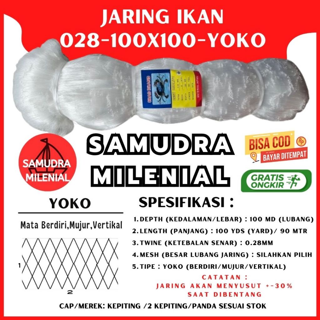 JARING SENAR 028 100X100 YOKO (MATA TEGAK)/JARING IKAN/ JARING KEPITING / JARING SENAR