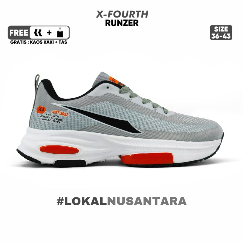 SEPATU OLAHRAGA PRIA DAN WANITA X-FOURTH RUNZER SEPATU LARI SENAM DAN GYM 2024 TERBARU WARNA ABU ORA