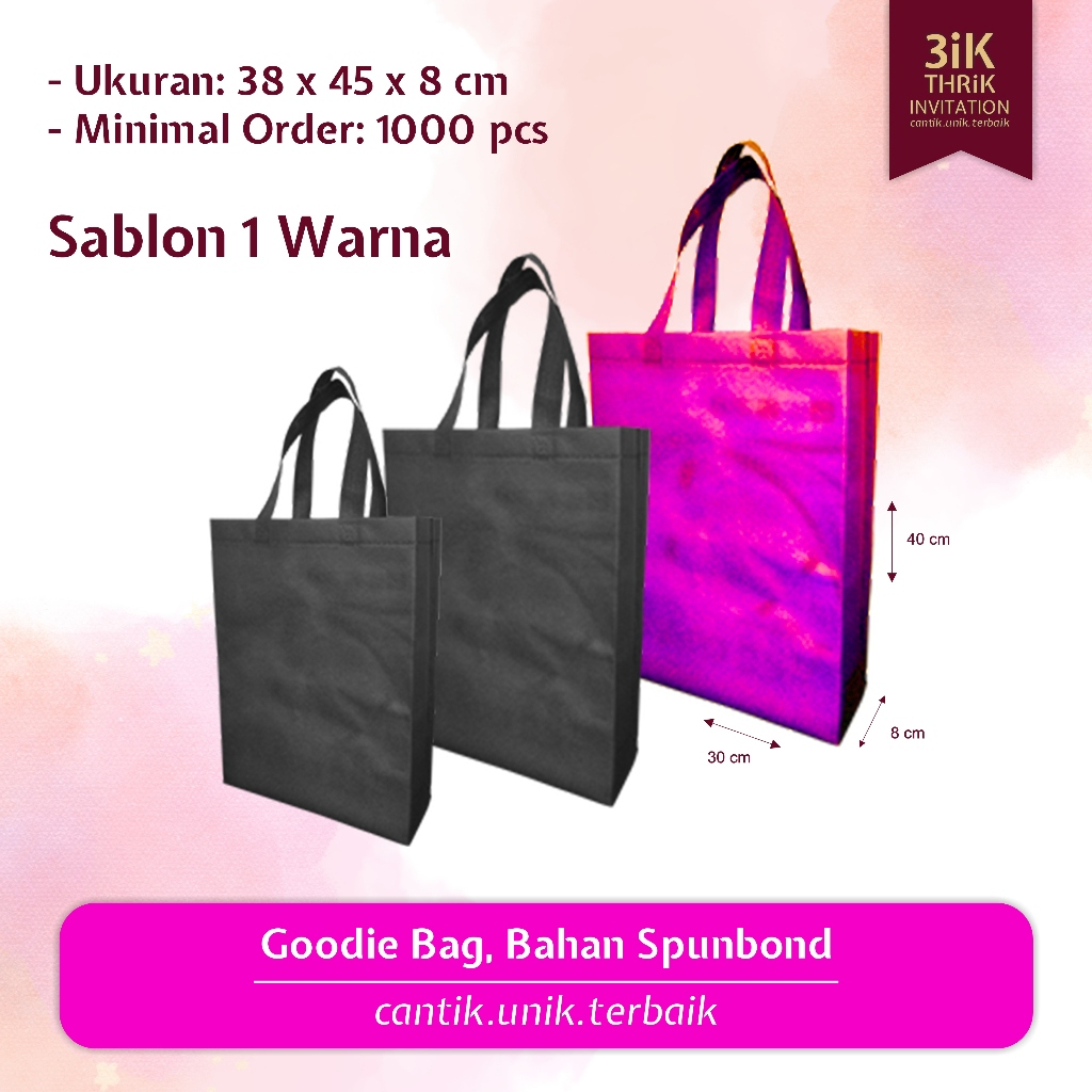 

Goodie Bag Bahan Spunbond Tas Tenteng Totebag Totbeg Totbek Custom Goodybag Sablon 1 Warna 1 Sisi 2 Sisi Estetik Simpel Elegan (Ukuran: 38x45x8 cm)