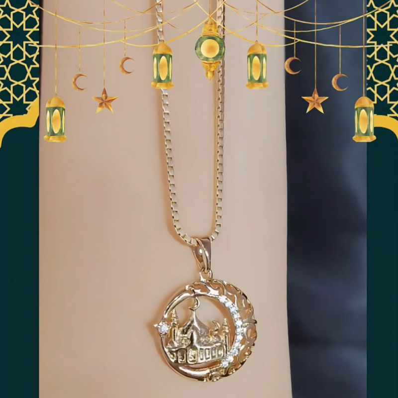 grosir 88 kalung hijab 60cm liontin motif masjid lapis emas titanium bronze 18k berkualitas Nagita S