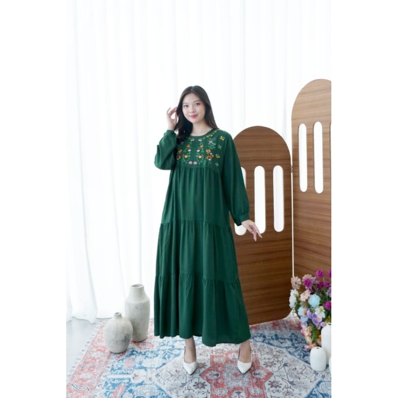 Nuboutique – Esmee Long Dress Rayon Panjang Lebaran Tunic Gamis Wanita Bordir Bunga Busui Friendly