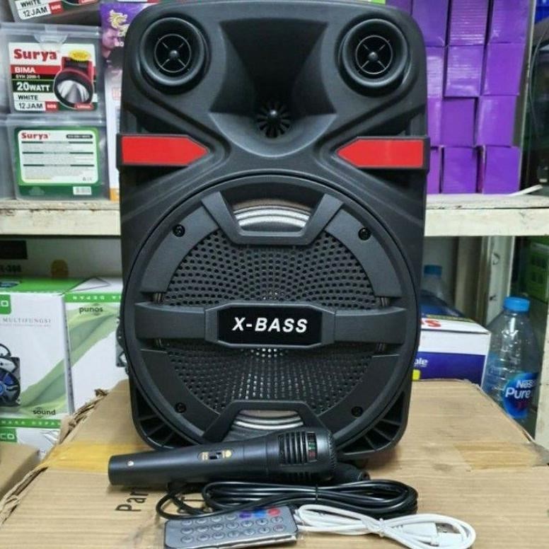Speaker Bluetooth karaoke Fleco F-8608 Bonus mic X -BASS 8,5 INCH - Hitam, 8,5 inch