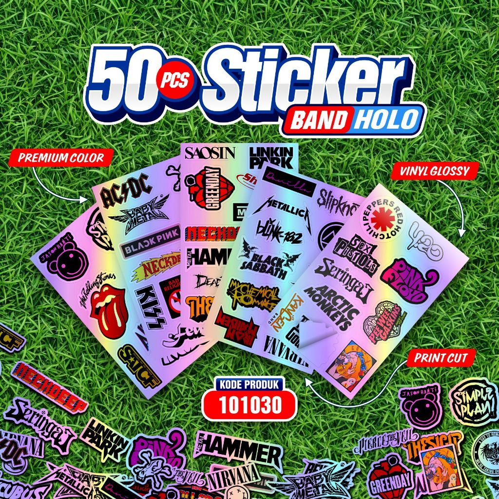 

STICKER CASE HOLOGRAM ISI 50 PCS STIKER BAND BRAND DISTRO APPAREL BAND STIKER AESTHETIC