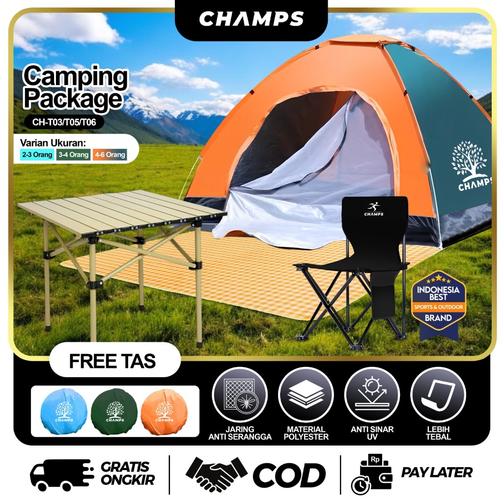 Camping Package Lengkap | Tenda Camping Portable + Kursi Lipat + Meja Lipat + Tikar Piknik | Paket C