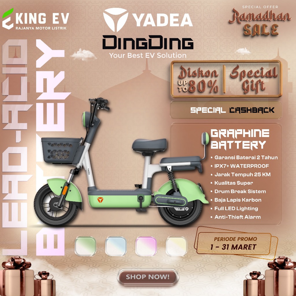 Sepeda Listrik Yadea Dingding - Grafen Battery 48V13Ah, Kecepatan Maksimal 25km|h