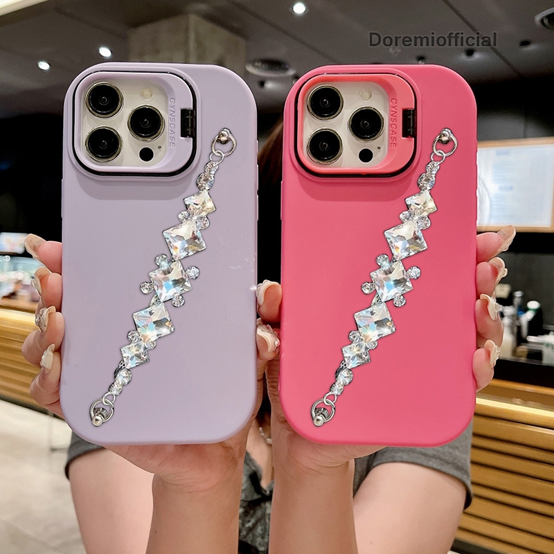 SOFTCASE FOR IPHONE 13 14 15 PLUS PRO PROMAX MACARON STAND GELANG RANTAI KRISTAL DIAMOND GC218 SILIC