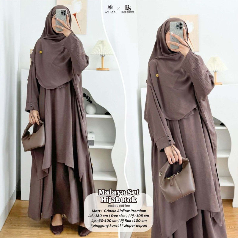 Malaya Set Skirt Hijab 3in1 Oversize Jumbo Syari Muslim Kondangan Lebaran Wanita Gamis Baju Setelan 