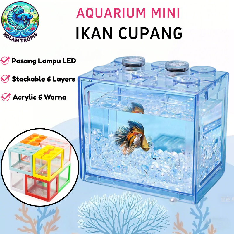 Aquarium Mini Lego Ikan Cupang Stackable 6 Warna - Bisa Pasang Lampu, Cocok untuk Ikan Cupang