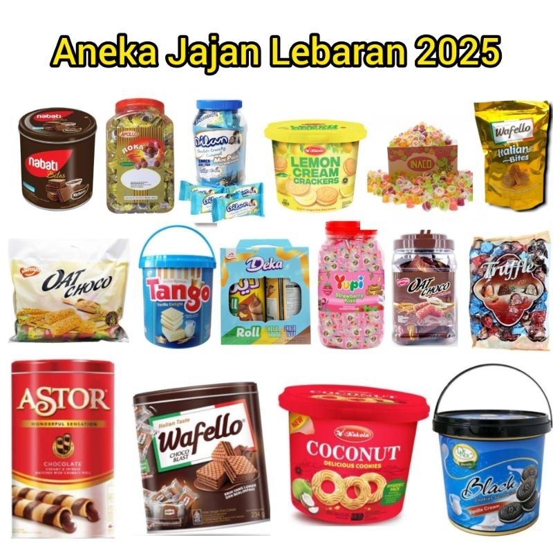 

Aneka Jajanan Lebaran Lengkap Exp 2026 - Hampers Lebaran Murah - Jajan Kaleng Seasonal - Tango Nabati Wafelo Inaco Silkys Pudding Naraya Astor Roka Yupi Dilan Biskitop Kurma Beng-Beng Better Roma Kelapa