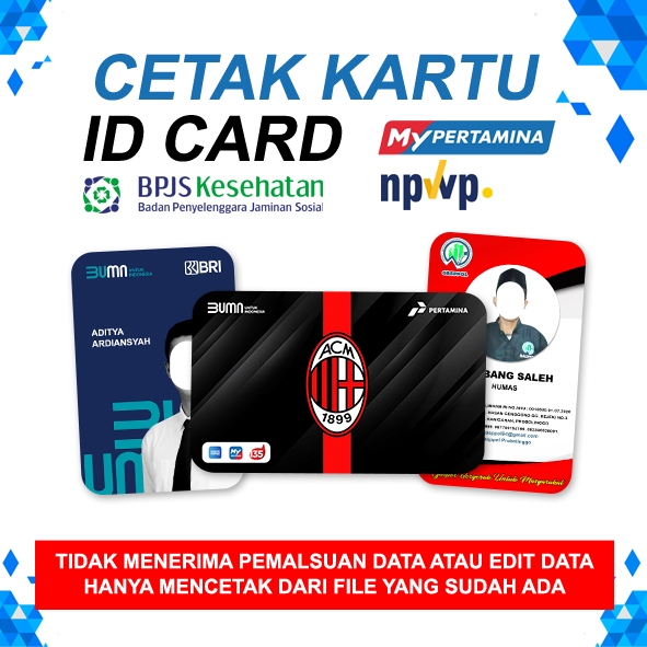 

Cetak ID card , kartu Pengenal , Kartu Nama , kartu scan barkode , CETAK kartu NPWP , BPJS, CETAK KARTU ASN, MY PERTAMINA
