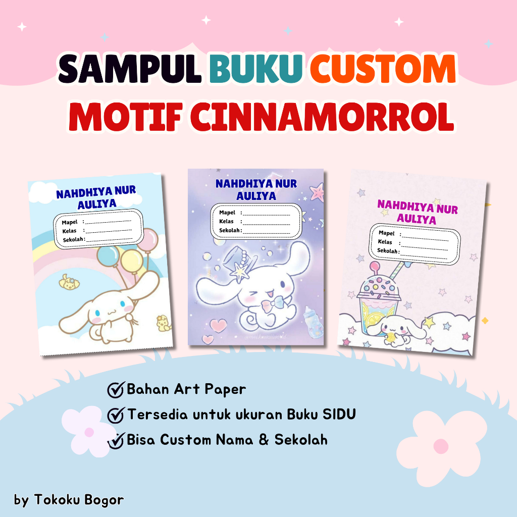

SAMPUL BUKU MOTIF CINNAMOROLL CUSTOM NAMA DAN SEKOLAH ANAK MURAH / SAMPUL BUKU ESTETIK / SAMPUL BUKU CUSTOM