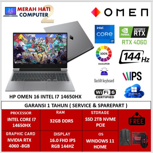 Laptop Gaming HP Omen 16 Intel Core i7 14650HX RAM 64GB DDR5 2TB SSD RTX4060-8GB 16.1 FHD 144Hz W11
