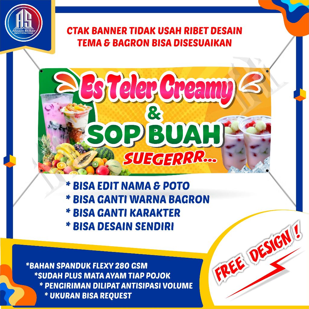 Bisa COD / Spandukr Es Teler Creamy dan Sop Buah / Banner Es Teller / Banner Warung / Backdrop Dagan