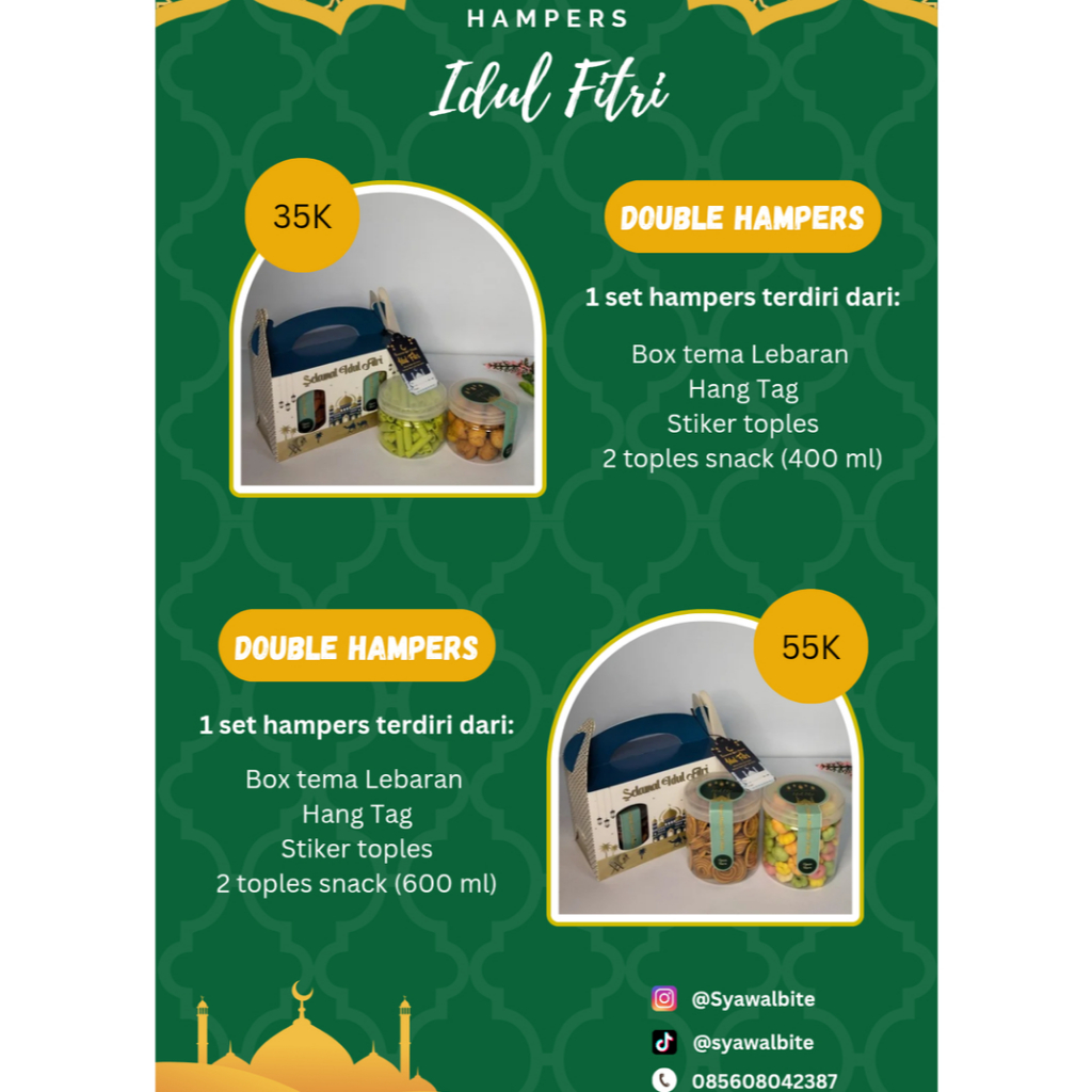 

Hampers Lebaran Idul Fitri isi 2 Jar Snack Box Tas Jinjing - Parcel Souvenir Hadiah Eid Mubarak