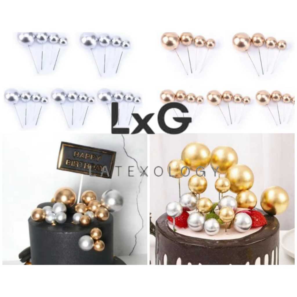 Cake Topper Bola , Ball Cake Topper isi 20pcs GOLD & SILVER / Bola Bola Tusuk Hiasan Kue / Ball Cake