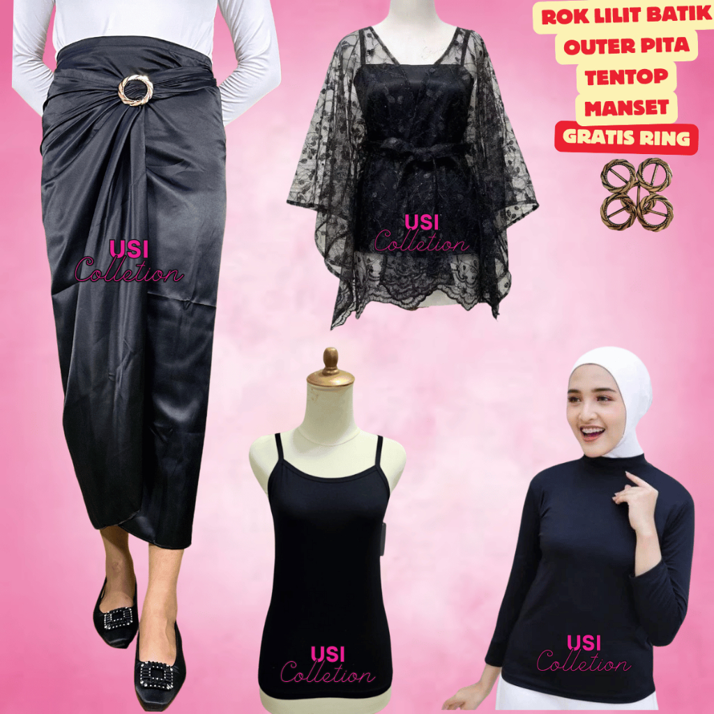 Set Lilit Polos outer pita cantik Warna Hitam mix rok lilit Polos Warna Hitam