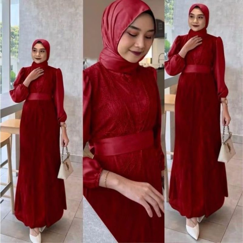 SYANIFAH - DRESS BAJU GAMIS GAUN BRUKAT REMAJA DEWASA SATIN VELVET BUSUI JUMBO WARNA MERAH RED MAROO