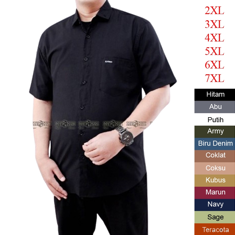 HITAM - KEMEJA PRIA 3XL 4XL 5XL 6XL 7XL jumbo polos lengan pendek cowok ld 130 140 terbaru 2025